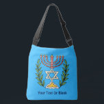 Persian Magen David Menorah Crossbody Bag<br><div class="desc">This image was adapted from an antique Persian Jewish tile and features a menorah with a Magen David (Star of David) framed by olive branches. The imperfections of the original, hand-painted image have been preserved. Add your own text. You may choose another background colour; and it looks nice on just...</div>