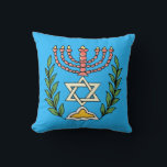 Persian Magen David Menorah Cushion<br><div class="desc">This image was adapted from an antique Persian Jewish tile and features a menorah with a Magen David (Star of David) framed by olive branches.  The imperfections of the original,  hand-painted image have been preserved.</div>