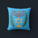 Persian Magen David Menorah Cushion<br><div class="desc">This image was adapted from an antique Persian Jewish tile and features a menorah with a Magen David (Star of David) framed by olive branches.  The imperfections of the original,  hand-painted image have been preserved.</div>