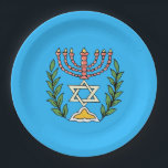 Persian Magen David Menorah Paper Plate<br><div class="desc">This image was adapted from an antique Persian Jewish tile and features a menorah with a Magen David (Star of David) framed by olive branches.  The imperfections of the original,  hand-painted image have been preserved.</div>