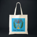 Persian Magen David Menorah Tote Bag<br><div class="desc">This image was adapted from an antique Persian Jewish tile and features a menorah with a Magen David (Star of David) framed by olive branches.  The imperfections of the original,  hand-painted image have been preserved. Add your own text.</div>