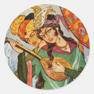Persian Miniature Nymph with setar in detail Classic Round Sticker