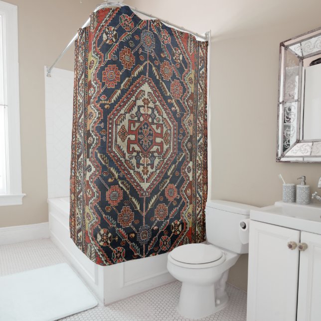 Persian Qashqai Aztec Royal Blue Red  Shower Curtain (In Situ)