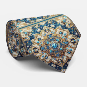 Persian Rug Diamonds Cobalt Blue Gold Faux Silk Tie