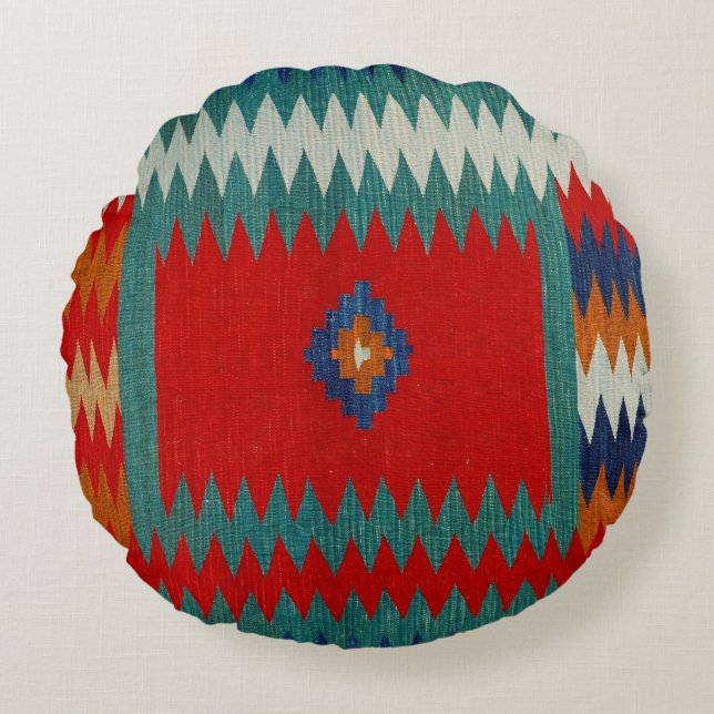 Persian Safreh I Chevron Teal Blue Desert  Round Cushion (Front)