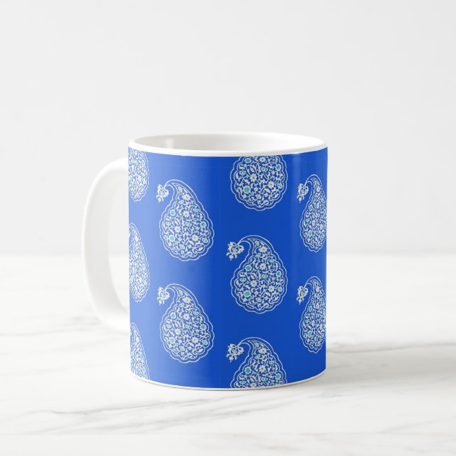 Persian tile paisley - white on blue coffee mug (Front Left)