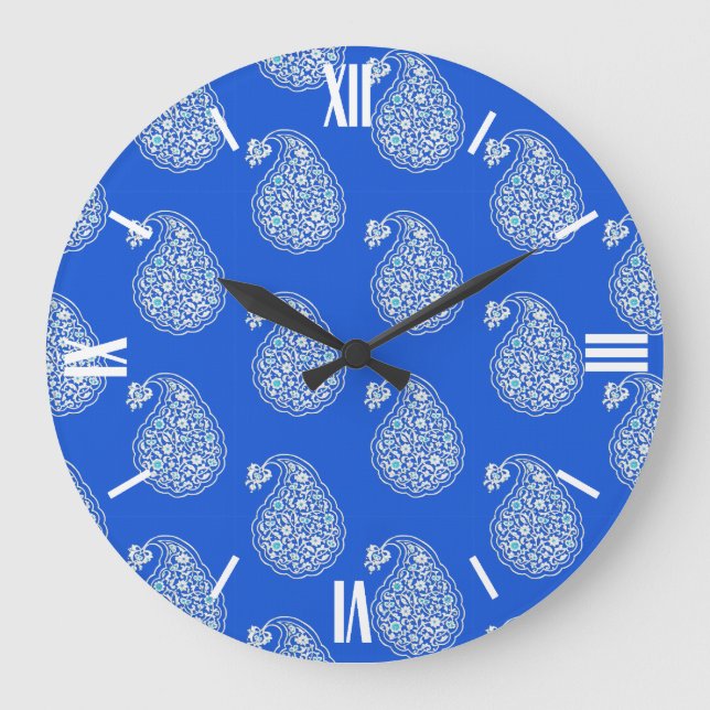 Persian tile paisley - white on blue large clock (Front)