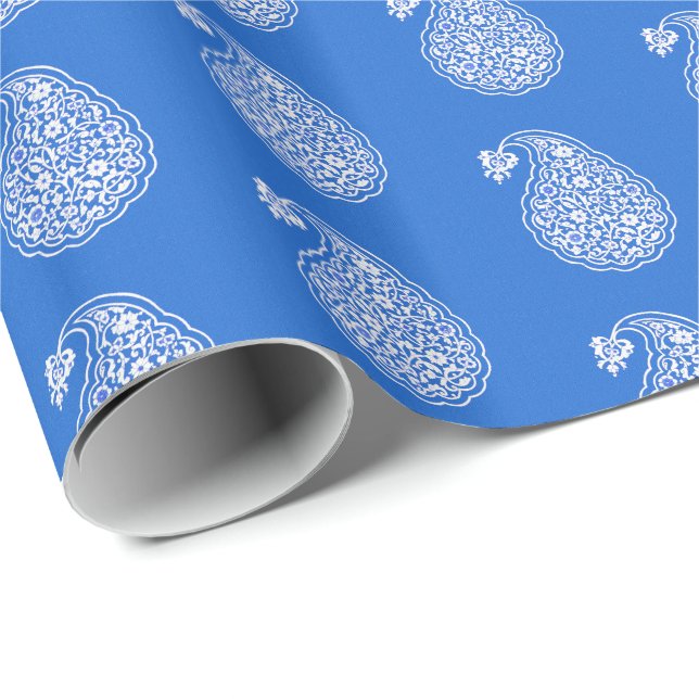 Persian tile paisley - white on cobalt blue wrapping paper (Roll Corner)