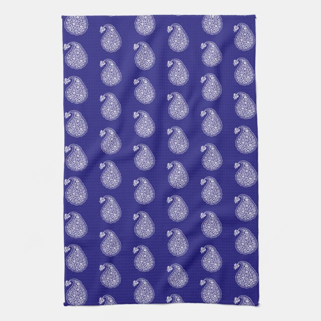 Persian tile paisley - white on indigo blue tea towel (Vertical)