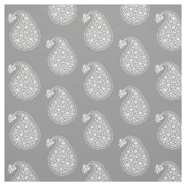 Persian tile paisley - white on silver grey fabric (Swatch)