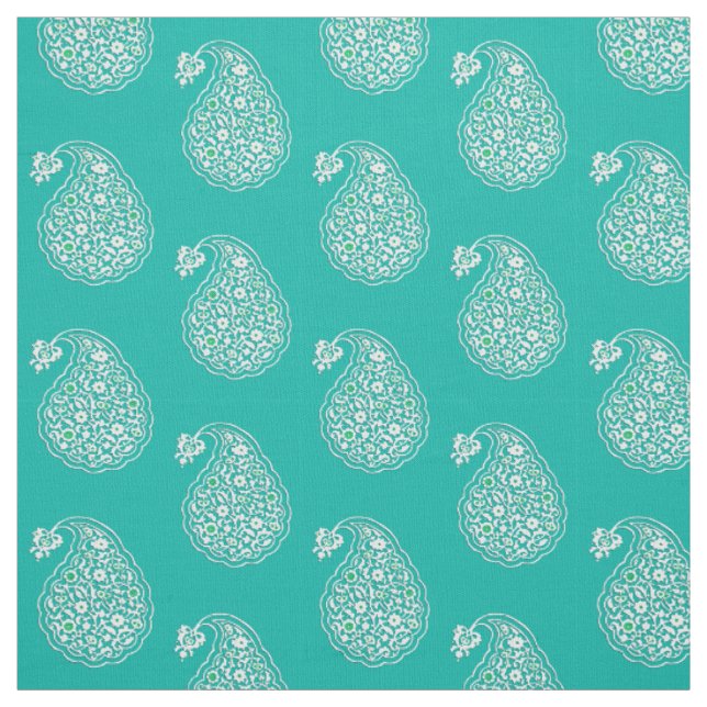 Persian tile paisley - white on turquoise fabric (Swatch)