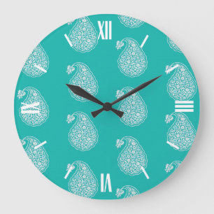 Persian tile paisley - white on turquoise large clock