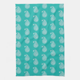 Persian tile paisley - white on turquoise tea towel