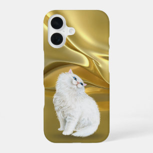 Persian White Cat On Gold Satin iPhone 16 Case