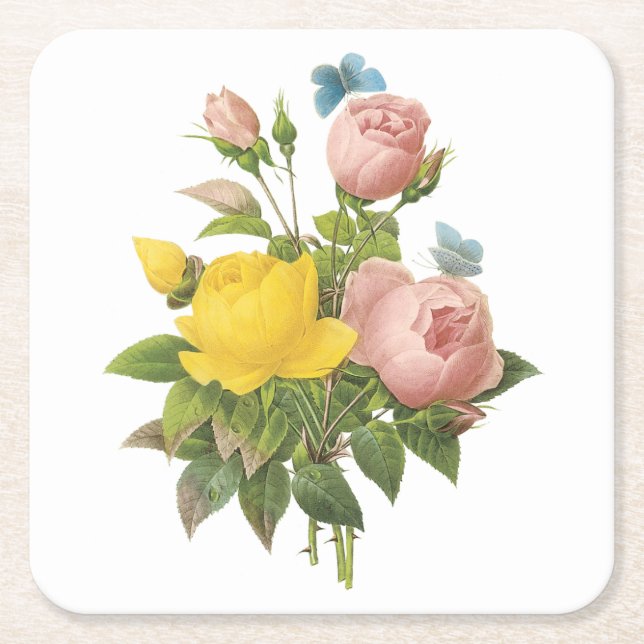Persian yellow rose, tea rose by Redouté Square Paper Coaster (Front)