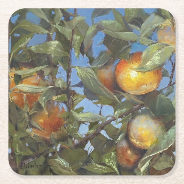 Persimmon Fruit Tree Beautiful Original Artwork Square Paper Coaster (Front)