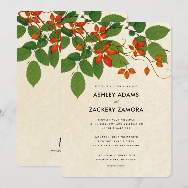 Persimmon & Green Floral Vine Wedding Invitation (Front/Back)