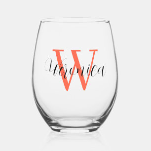 Persimmon Initial and Black Name   Elegant Stemless Wine Glass