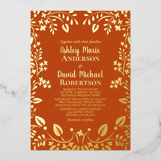 Persimmon Orange Real Gold Foil Floral Wedding (Front)