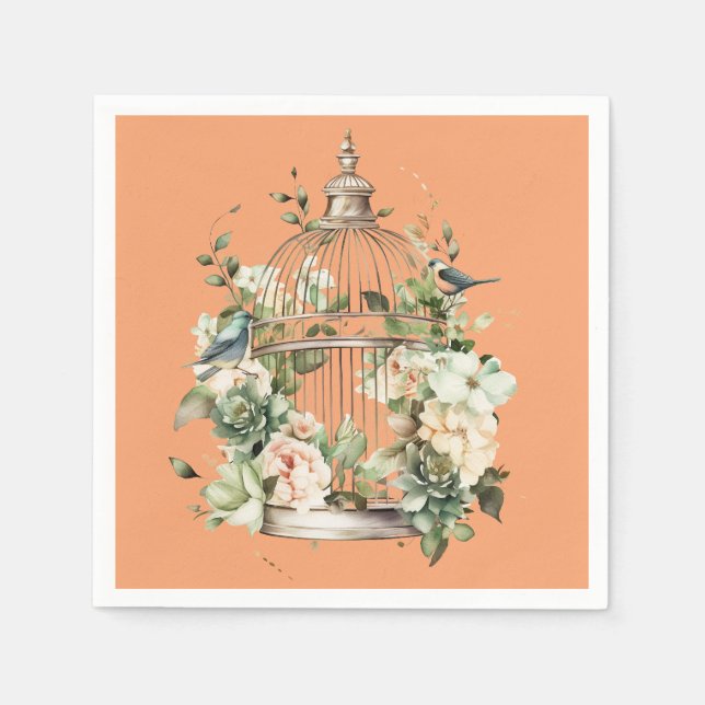 Persimmon Orange White Green Gold Birdcage Shower Napkin (Front)