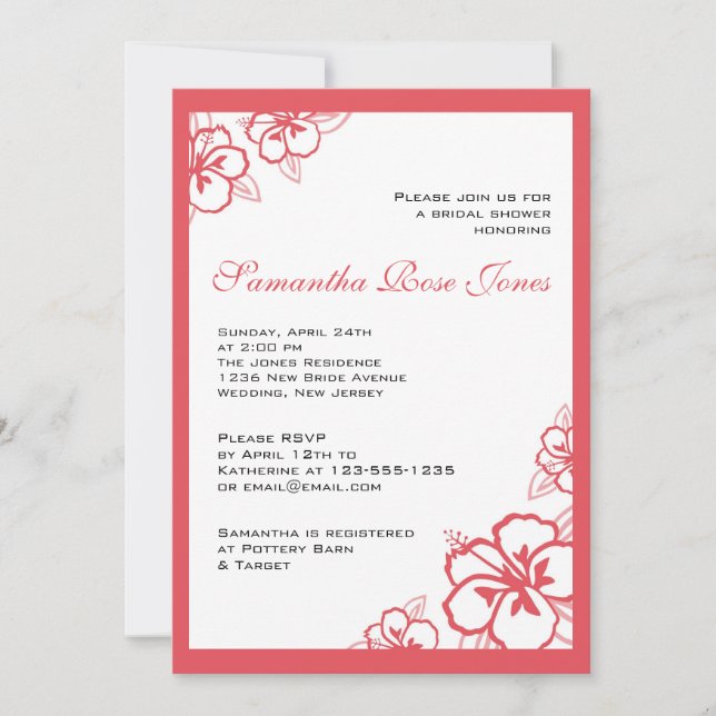 Persimmon & White Hibiscus Flowers Bridal Shower Invitation (Front)