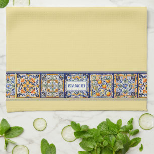 Persnalized Name Blue & Yellow Mediterranean Tile Tea Towel