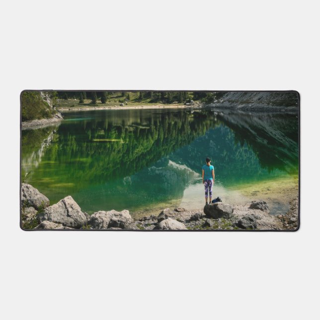 Person at mountain lake desk mat (Front)