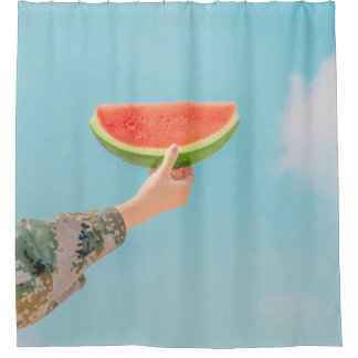 Person holding sliced watermelon shower curtain