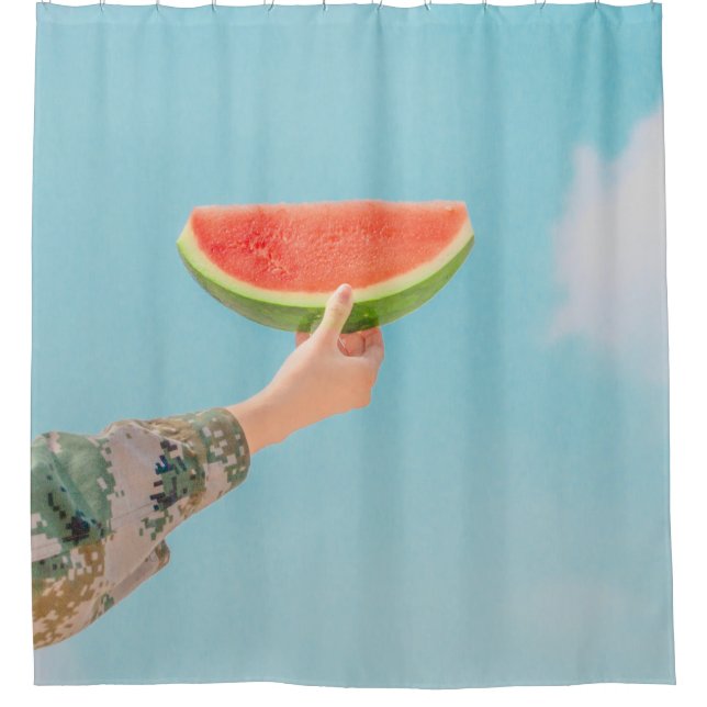 Person holding sliced watermelon shower curtain (Front)