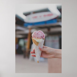 Person holding strawberry ice cream poster