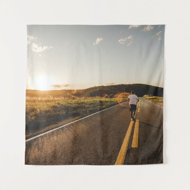 Person running in road in the morning tapestry (Front)