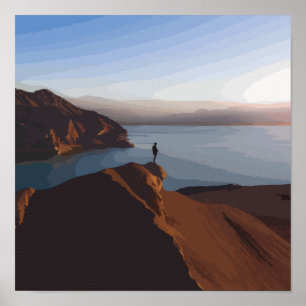 Person Standing on Brown Rock Formation Near Body Poster