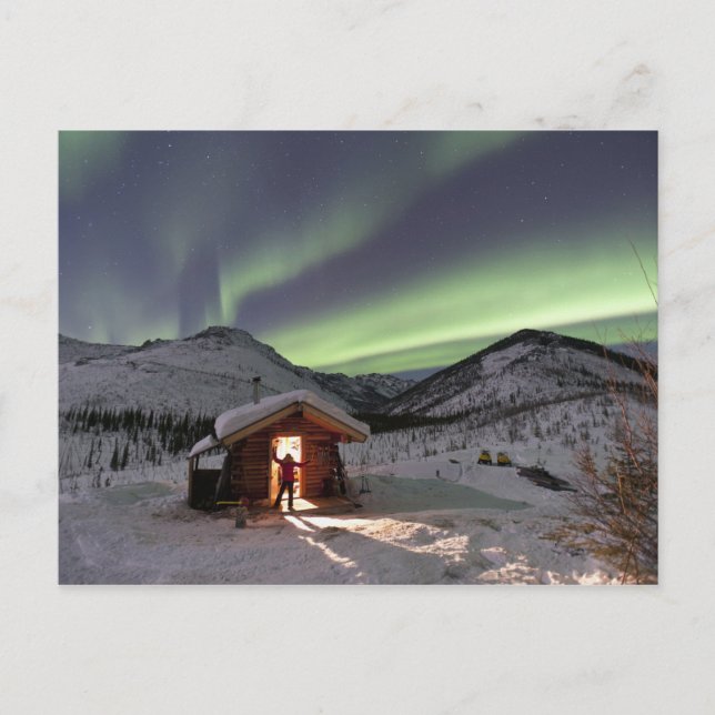 Person stands in doorway of Caribou Bluff cabin Postcard (Front)
