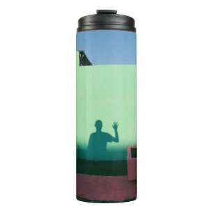 Person waving reflecting shadow on teal wall paint thermal tumbler
