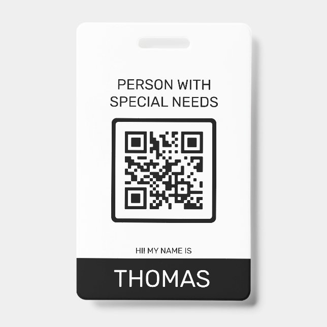 Person With Special Needs QR Code and Other Info ID Badge (Front)