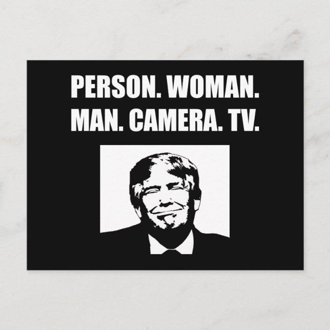 Person. Woman. Man. Camera. TV. Anti-Trump Postcard (Front)