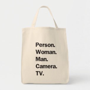 Person. Woman. Man. Camera. TV. Tote Bag