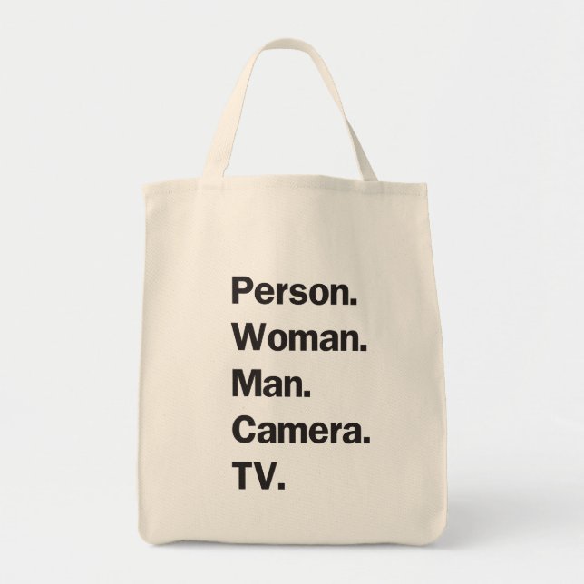 Person. Woman. Man. Camera. TV. Tote Bag (Front)