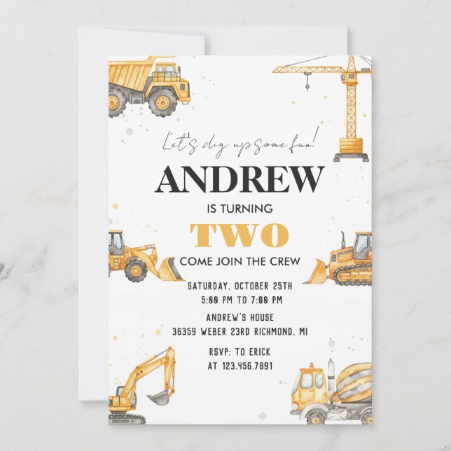 Personal A Modern Construction Boy Digger Birthday Invitation (Front)