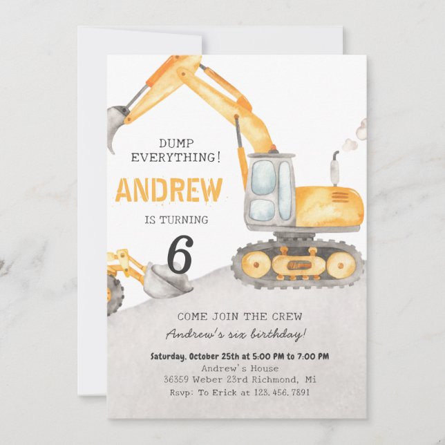 Personal A Modern Excavator Truck Birthday Party Invitation (Front)