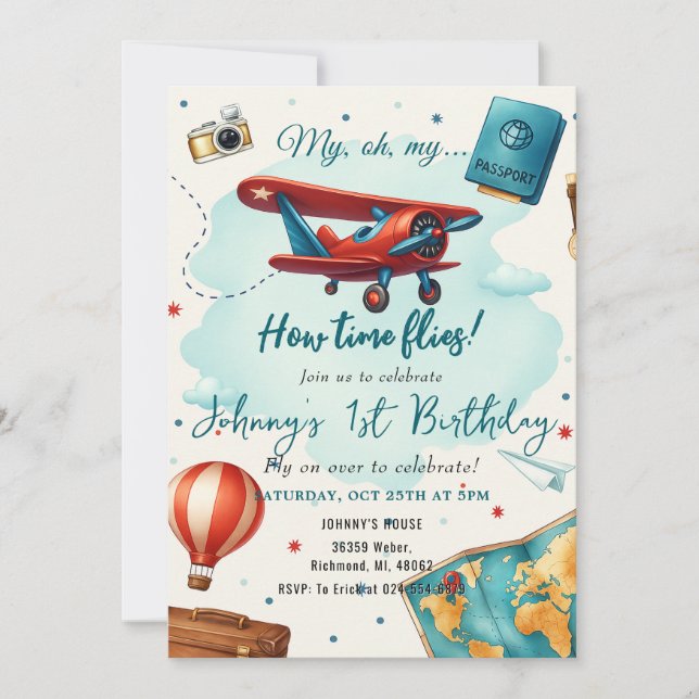 Personal Aeroplane 1st Birthday for boy Blue  Invitation (Front)