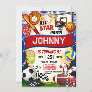 Personal All Star Sports Theme Birthday Party Invitation