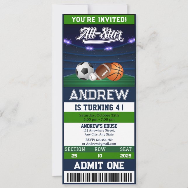 Personal All Star Sports Ticket Birthday Invitation (Front)