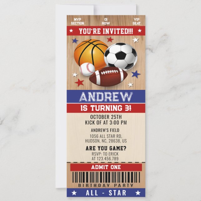 Personal All Stars Sports Ticket Birthday Invitation (Front)