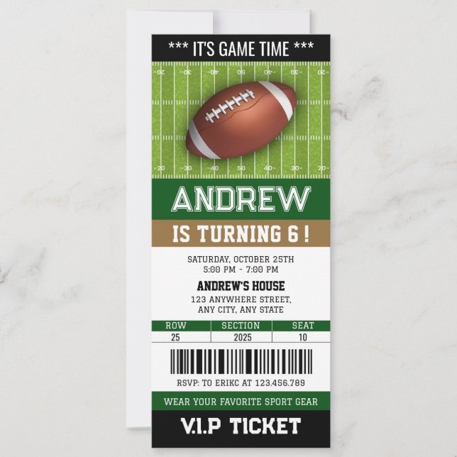 Personal American football Ticket Birthday Invitation (Front)