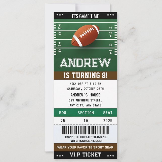 Personal American Football Ticket Invitation (Front)
