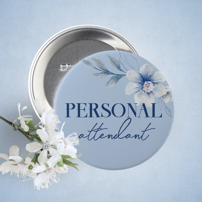 Personal Attendant Blue Bridal Shower Button (Personal Attendant Watercolor Blue Floral Guest of Honor Buttons. 5 Sizes Available)