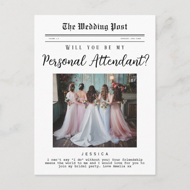 Personal Attendant proposal, Elegant Newspaper  Postcard (Front)