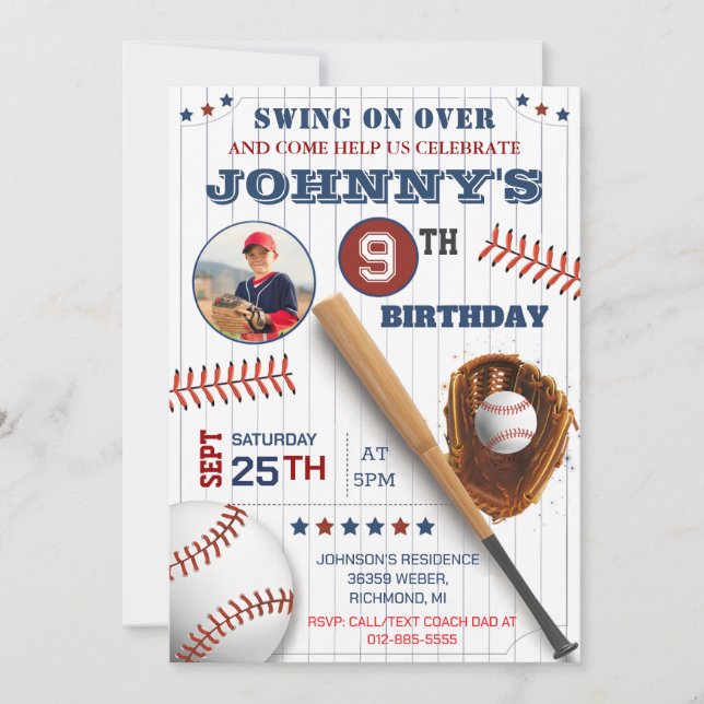Personal Baseball Birthday with Photo Invitation (Front)