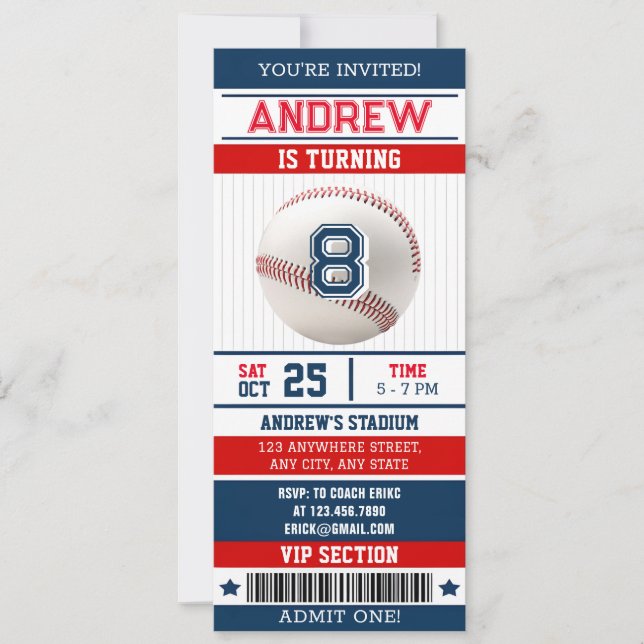 Personal Baseball Sports Ticket Style for boy Invitation (Front)